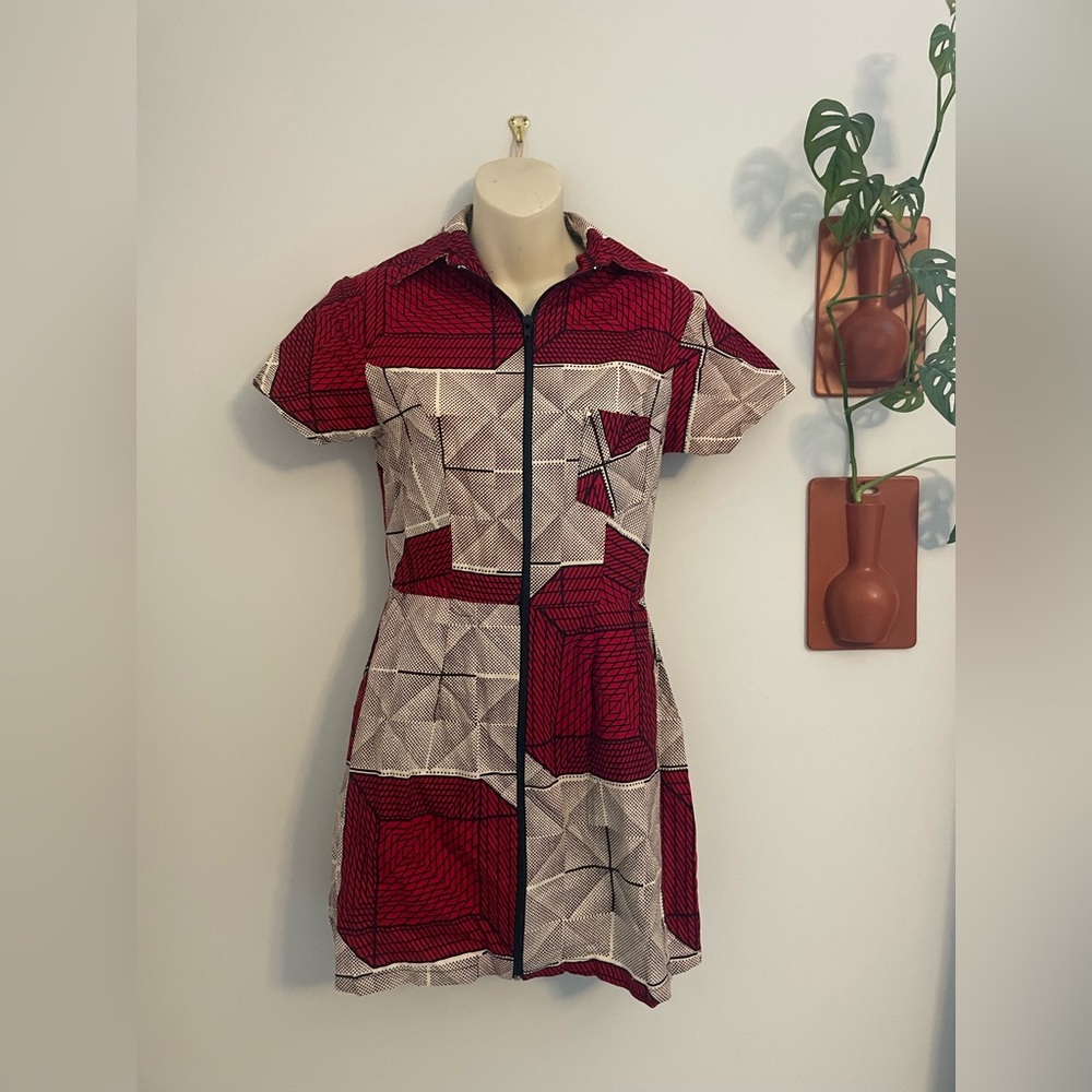 Baobá Brasil Red Cream Black Geometric Full Zip Mini Dress w Pockets Small